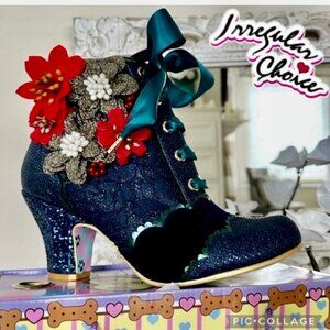Irregular Choice Winter Blooms mid heel lace up 3 D floral ankle boots holiday